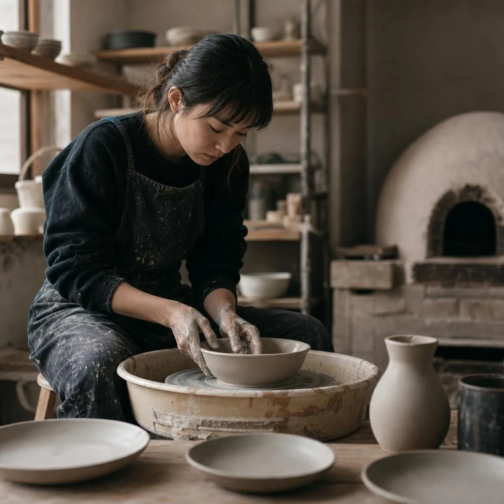 Potter at the wheel in a clay-dusted studio with shelves of finished stoneware