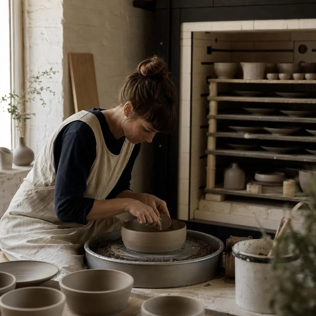 Potter trimming a leather-hard bowl at the wheel beside a loaded kiln