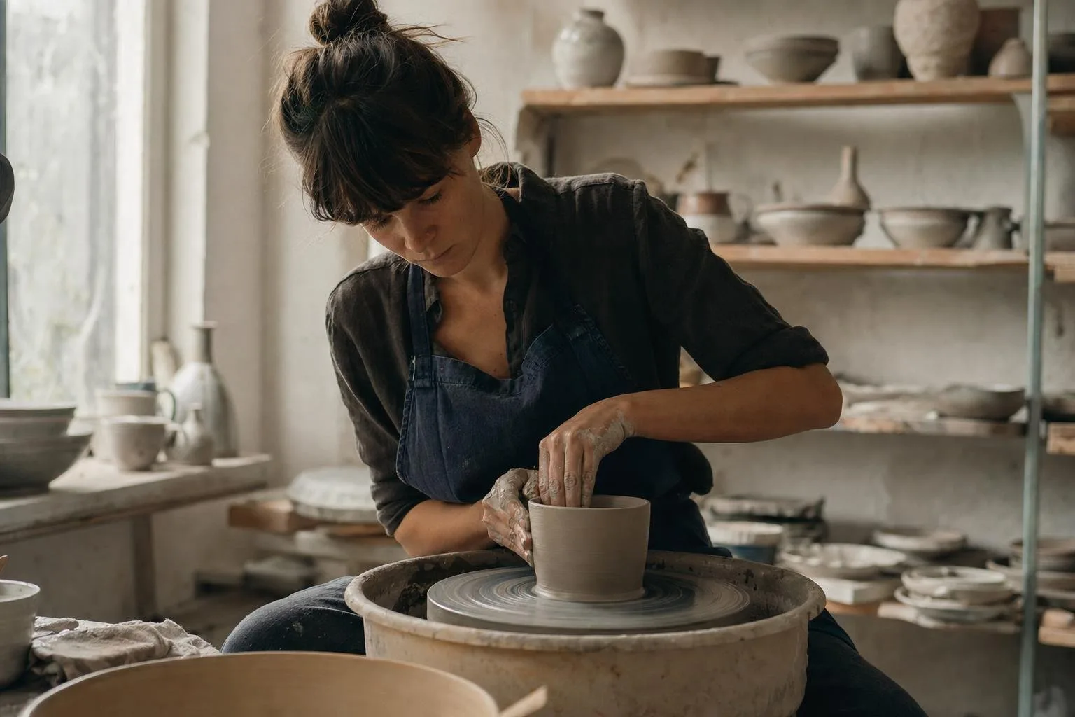 Potter's hands shaping a bowl on the wheel with finished stoneware nearby